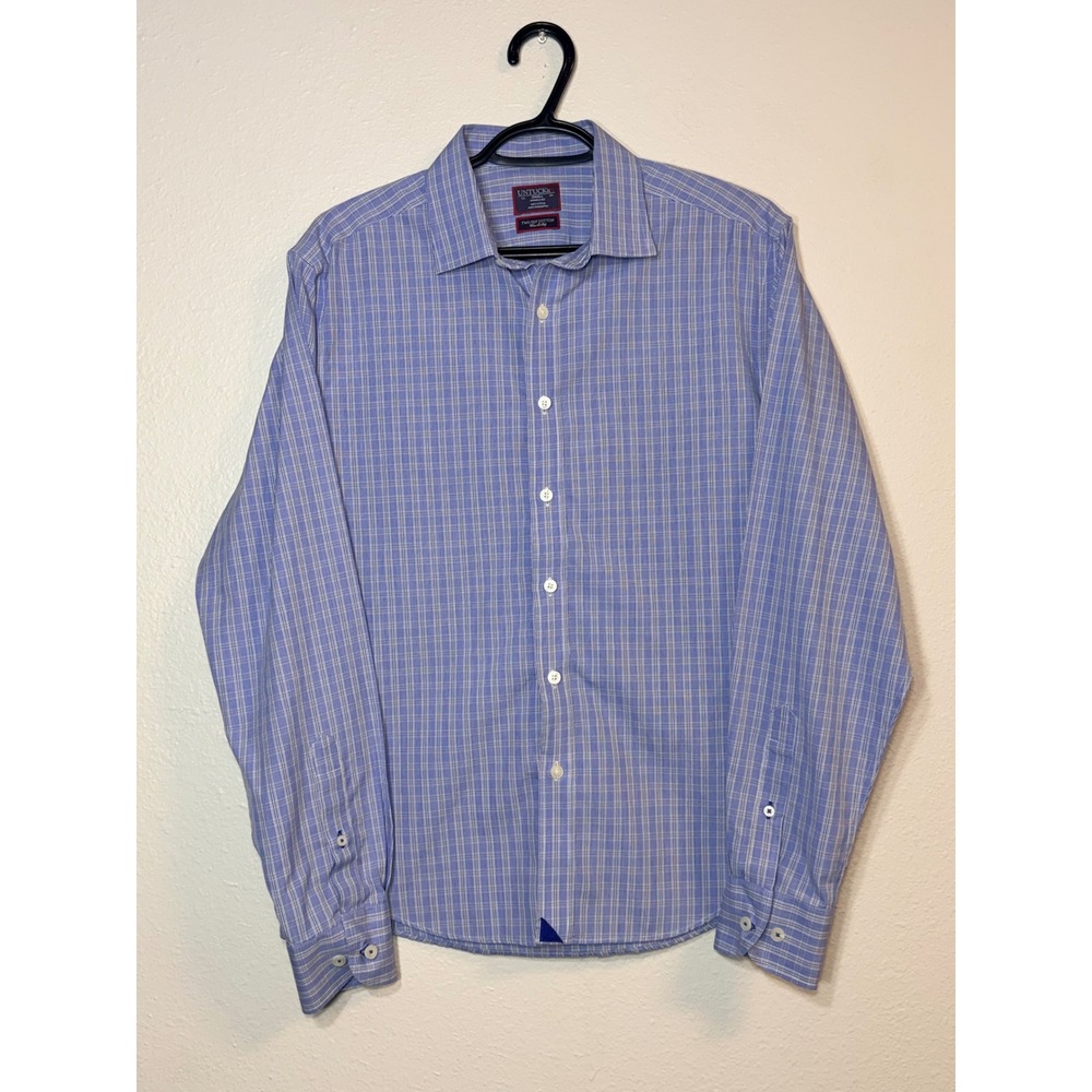 UNTUCKit Mens Small Blue Plaid Wrinkle Free Two Ply Cotton Button Down Shirt - Picture 1 of 7